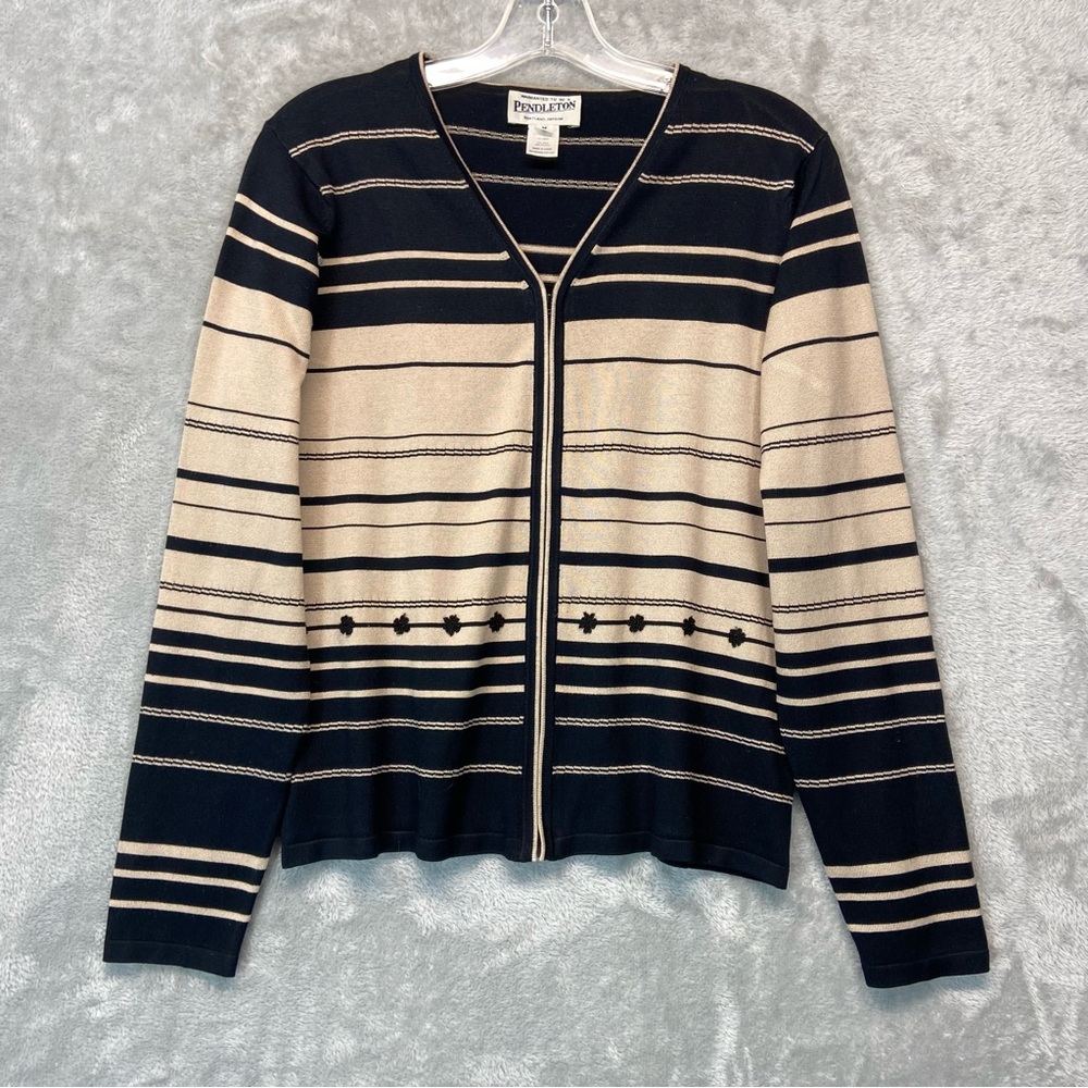 Pendleton Womens Cardigan Size M Black Tan Silk Nylon Striped Pointelle Zip Up